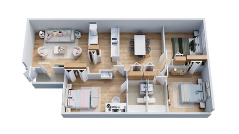 Floor plan for 3 beds, 2 baths, 1040 sqft